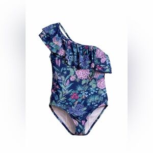 Janie and Jack Floral One Shoulder Swimsuit Girls Size 8 Blue Ruffle